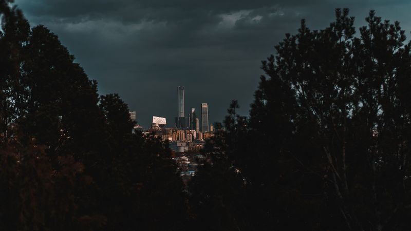 city, buildings, trees, clouds, dark, 4k