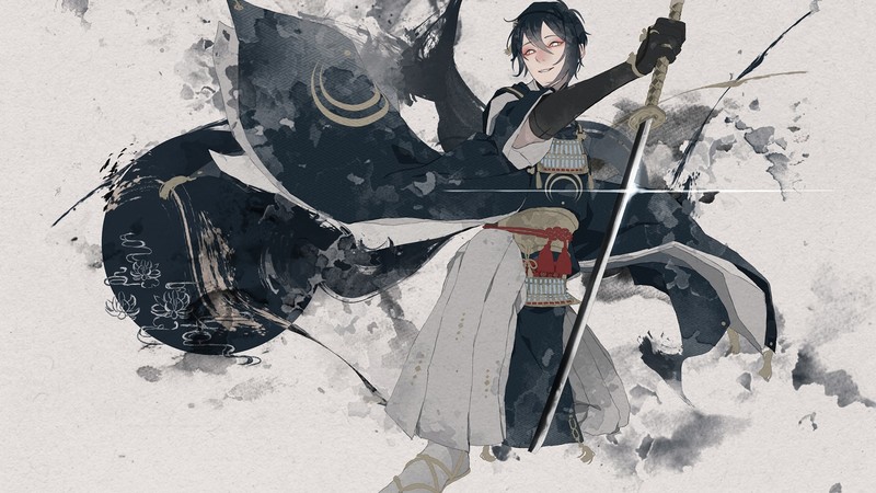 katana, black hair, anime, glowing eyes, armour