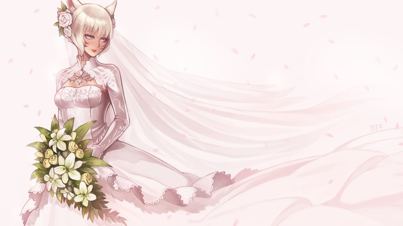 wedding dress, weddings, gloves, petals, cat ears, Miqote ( final fantasy )