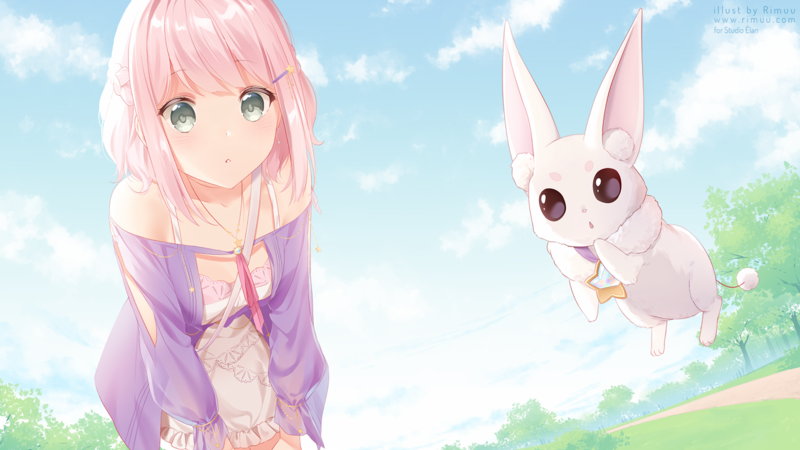 anime, anime girls, original characters, pink hair, clouds, sky, looking at viewer