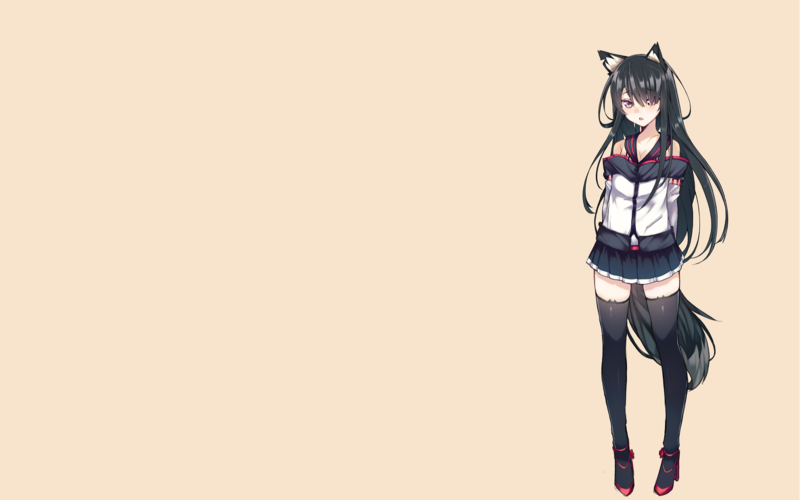 original characters, anime, simple background, fox girl, kitsunemimi, zettai ryouiki, long hair, black hair, stockings