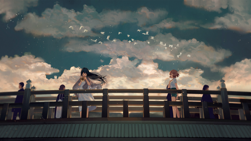 Kousaka Reina, Oumae Kumiko, anime, Hibike! Euphonium, yuri, anime girls, music, school, bridge
