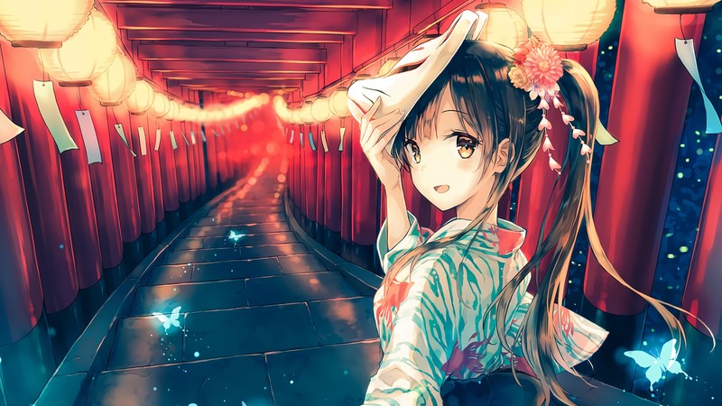 anime, anime girls, long hair, smiling, orange eyes, yukata, Hiten