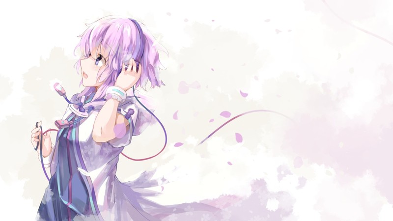 purple dresses, headphones, short hair