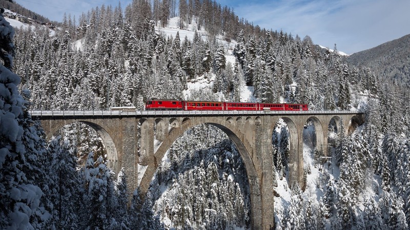 mountains, snow, train, red, Switzerland, winter, nature