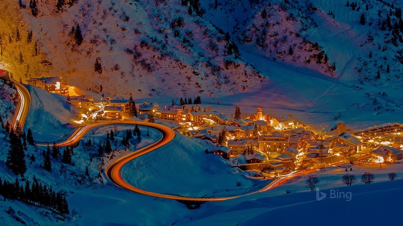 Bing, photography, landscape, snow, winter, town, lights, HDR, road, trees