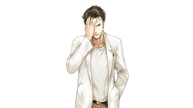 anime, Steins;Gate, okabe rintaro, black hair, short hair, lab coats, white background