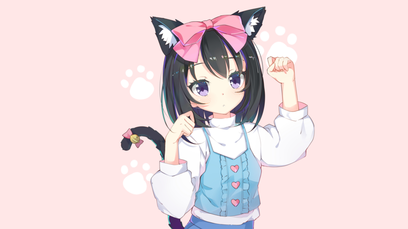 anime, anime girls, nekomimi, tail, animal ears, black hair, hair ornament, purple eyes, original characters