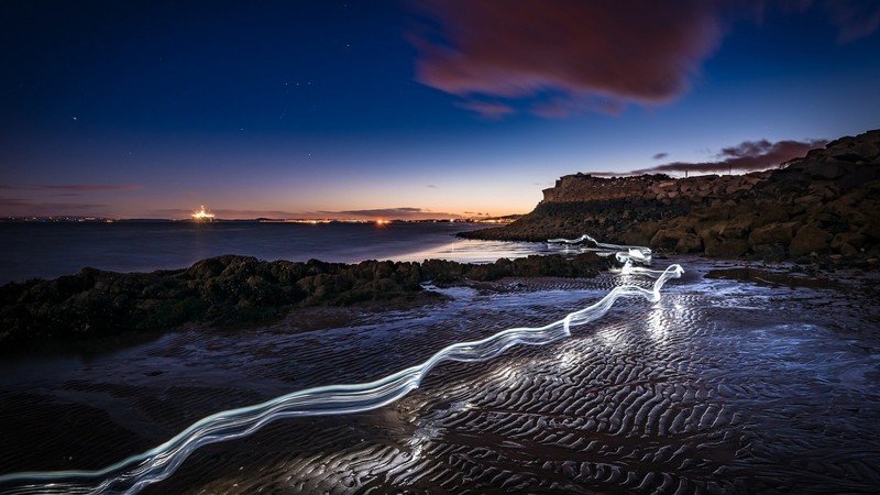 coast, dark, long exposure, shore, night, light graffiti, light trails