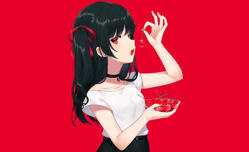 ribbons, simple background, necklace, anime girls, red background, red eyes