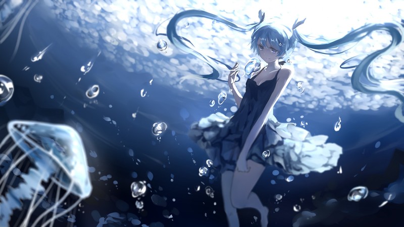 anime, anime girls, long hair, blue eyes, underwater, jellyfish, Vocaloid