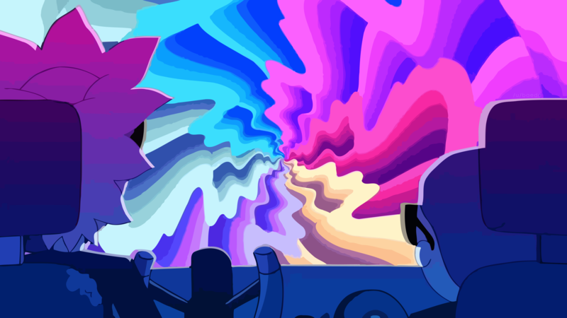 Rick and Morty, vector graphics, car, rainbows, Run the Jewels, pink, cyan