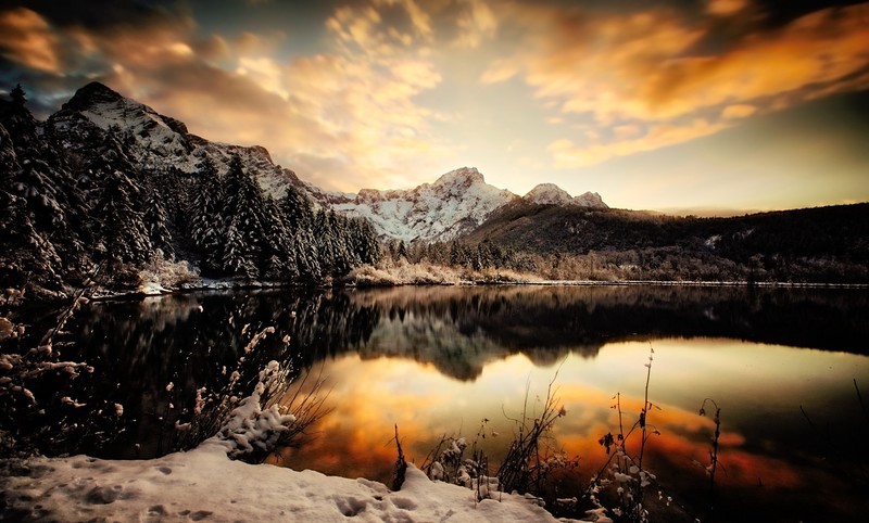 winter, sky, nature, water, reflection, lake