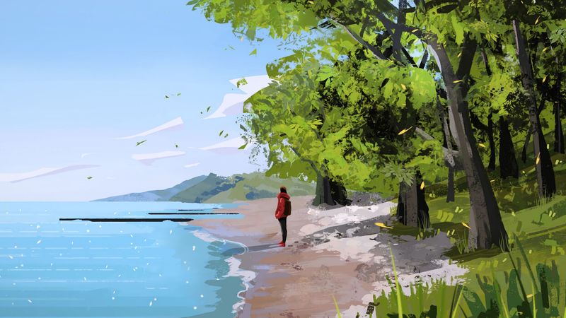 loneliness, alone, coast, girl, art, 4k