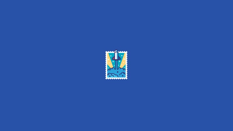 graphic design, blue background, stamps, space, rocket