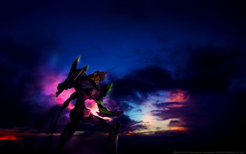 Neon Genesis Evangelion, EVA Unit 01, anime, dark, sky, blue, 2010 (Year)