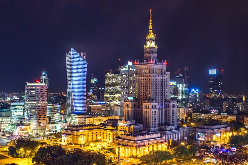 city, Poland, night, lights, Warsaw, HDR