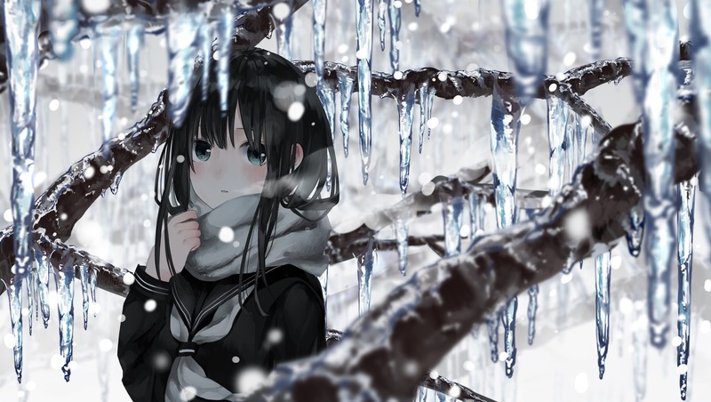 ice, snow, winter, scarf, anime, anime girls
