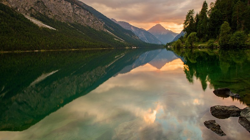 lake, mountains, reflection, rocks, forest, trees
