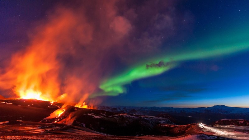 aurorae, volcano, nature, sky, landscape, colorful