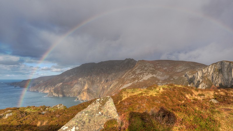 rainbows, mountains, lake, landscape
