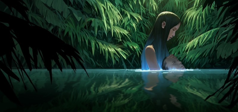 lake, women, men, plants, blue hair, water, couple, drawing