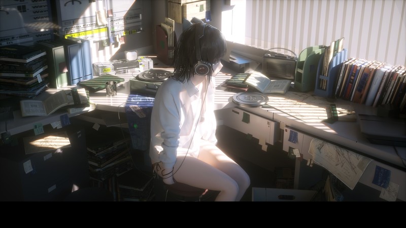 anime girls, novelance, headsets, desk, books