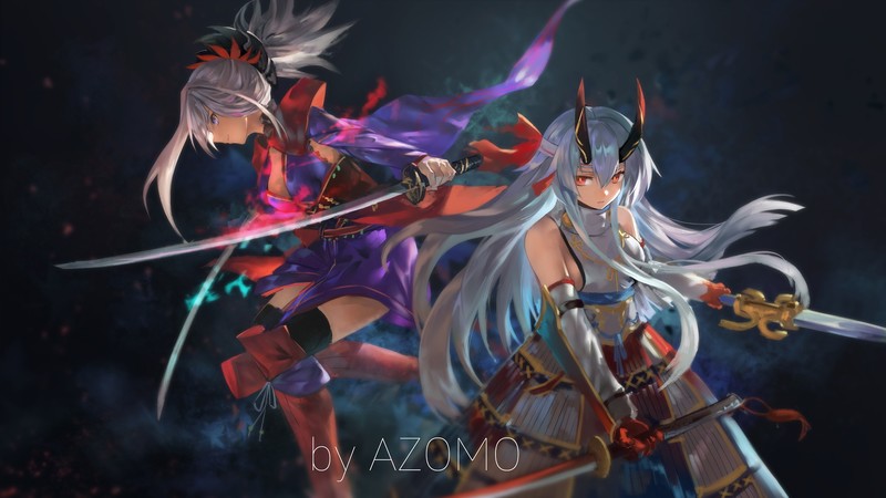 anime girls, azomo, anime, katana, sword