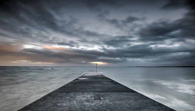 sea, nature, sky, water, horizon, pier, snow, clouds, gray, coast