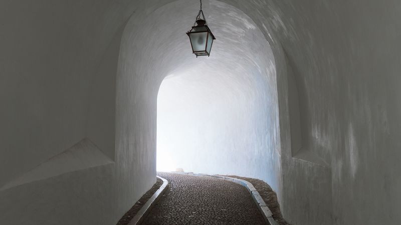 corridor, tunnel, light, turn, architecture, 4k