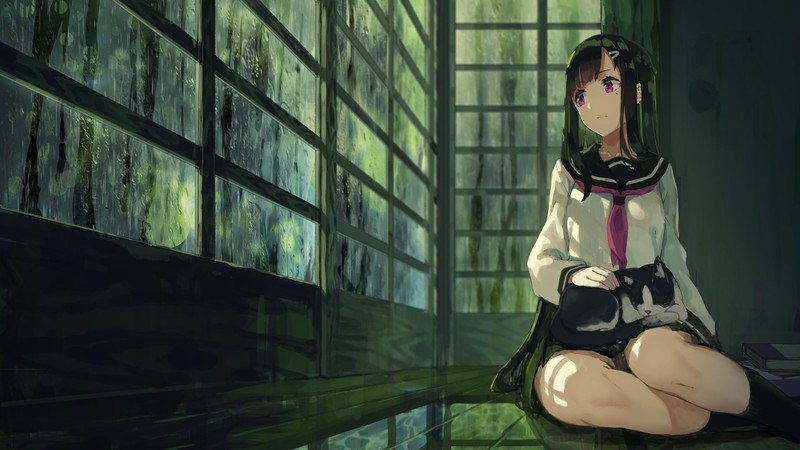 anime, school uniform, anime girls, on the floor, legs, tie, dark hair