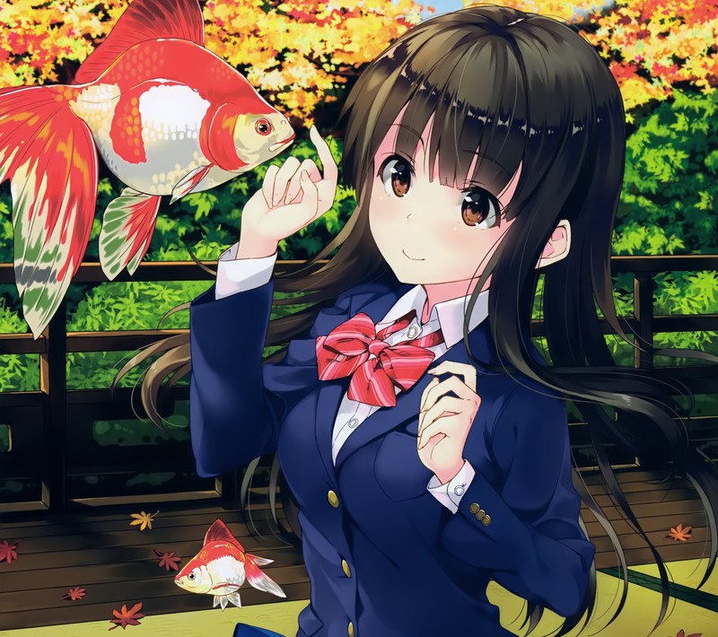anime, anime girls, original characters, brunette, long hair, fish, fall, brown eyes, school uniform, smiling, artwork
