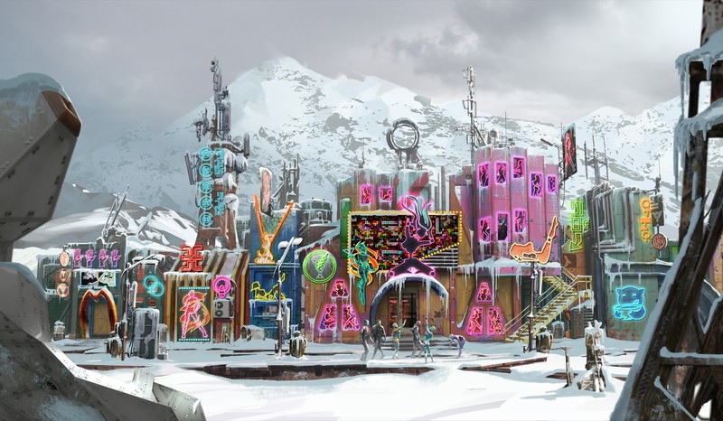 Guardians of the Galaxy Vol. 2, concept art, Contraxia, neon, Yondu Udonta, snow, mountains, science fiction, Guardians of the Galaxy