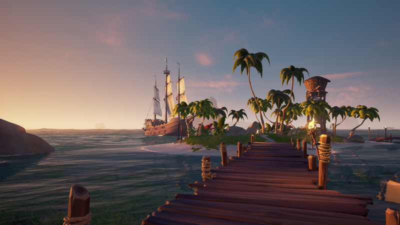 Sea of Thieves, ship, palm trees, water, sunset, island, pirates, sand, video games