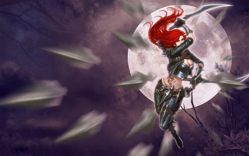 katarina (league of legends), League of Legends, PC gaming, fantasy girl, redhead, long hair, Moon, warrior