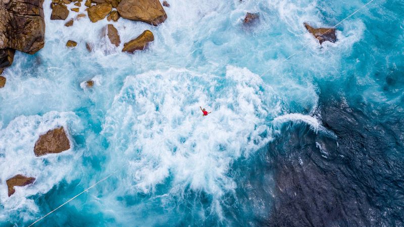 sea, rope, acrobat, extreme, height, 4k