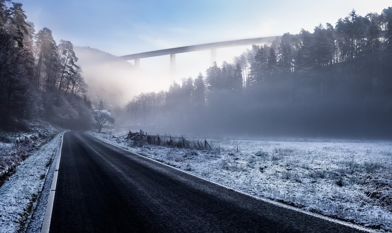 road, landscape, mist, winter