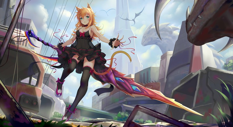 anime, women, animal ears, stockings, thigh-highs, long hair, sword, miniskirt