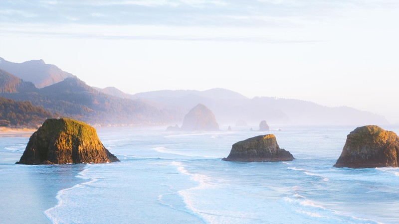 Oregon, Pacific Ocean, beach, sea, rocks, mountains, nature, landscape