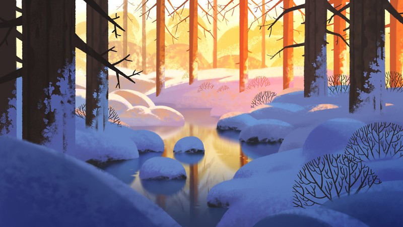 landscape, winter, lake, water, evening, trees, snow, drawing