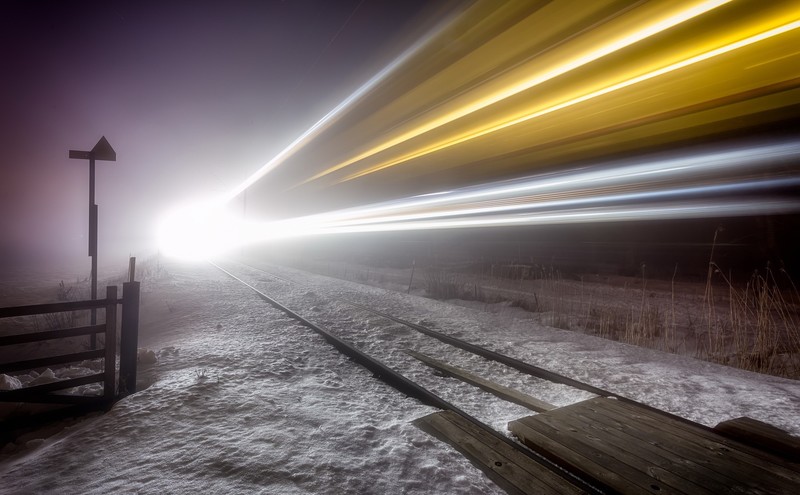 night, winter, railway, train, lights, long exposure