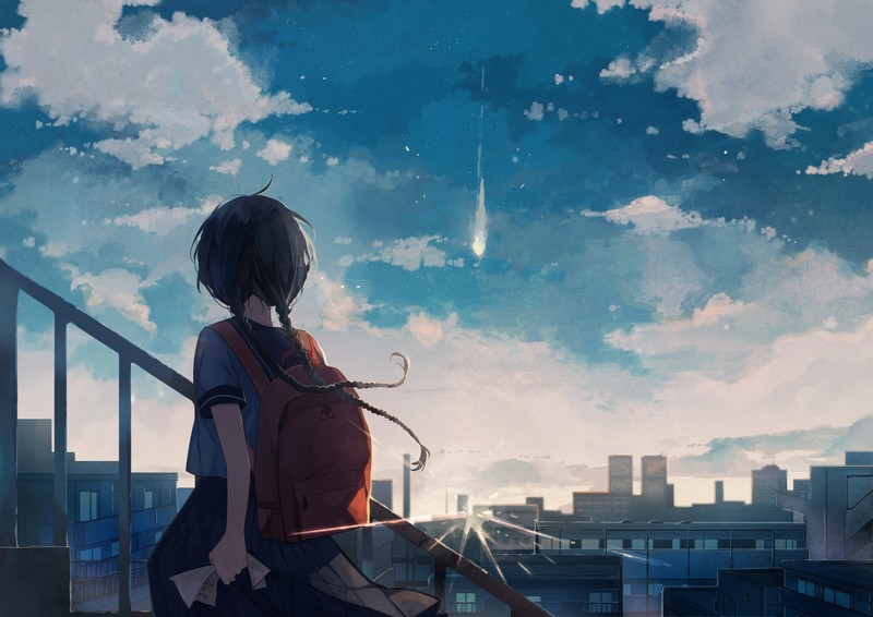 sky blue, clouds, sunrise, sun rays, anime girls, 2D, dawn, school uniform, JK, long hair, black hair, small boobs, original characters, Omutatsu