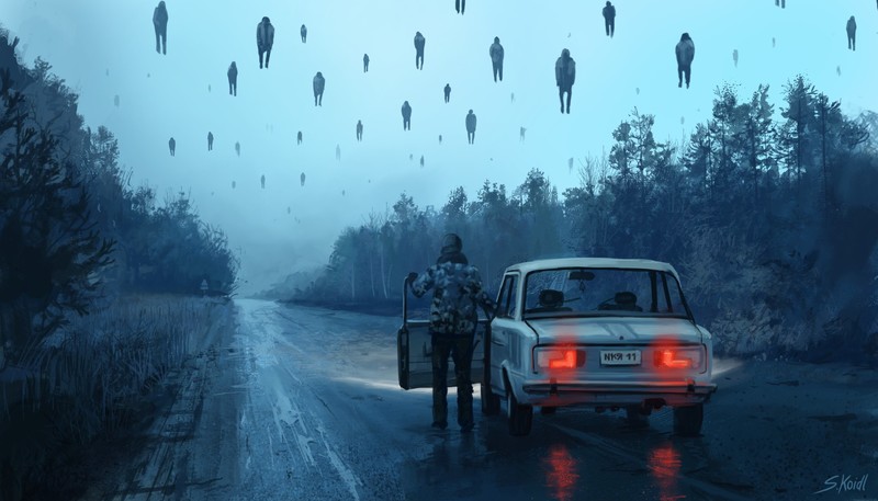 ghost, road, forest, car, LADA, artwork, sky, mist, cyan, dirtroad