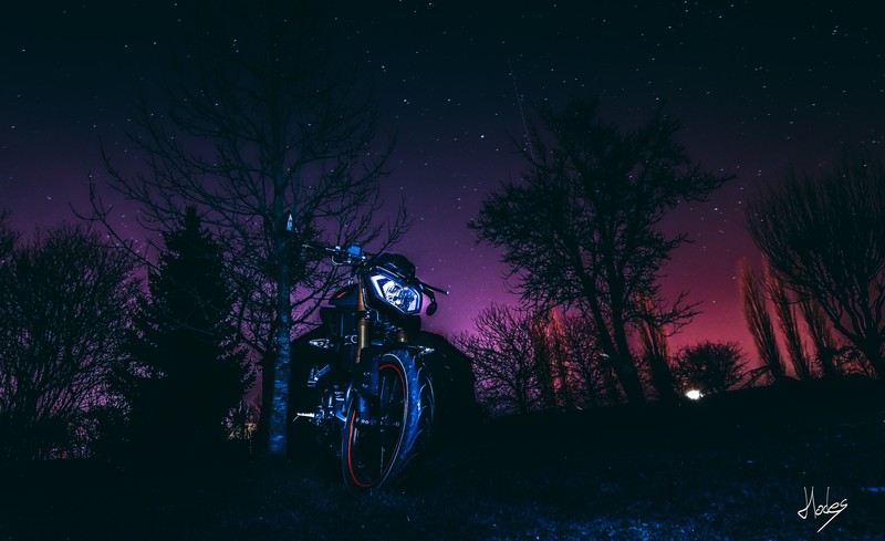 motorcycle, depth of field, night, stars, dark, purple, vehicle