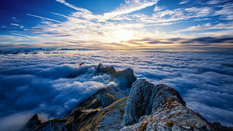 landscape, horizon, clouds, sunrise, mountain top, Switzerland, mountains, sun rays, sky, HDR, Dominic Kamp