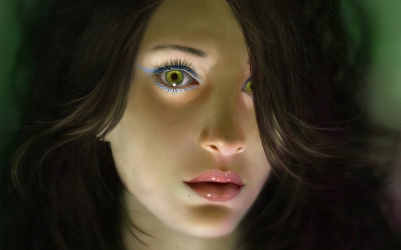 digital art, eyes, lips, brunette, women