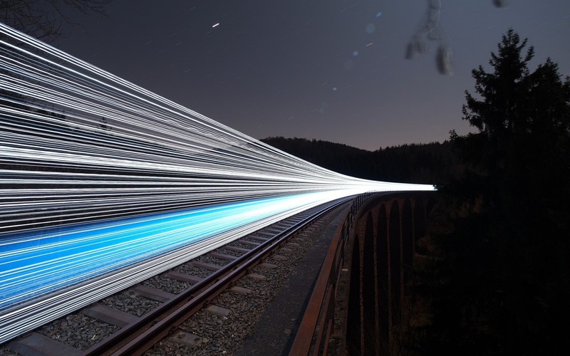 railway, night, dark, long exposure, light trails, cyan