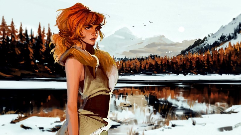 artwork, women, redhead, nature, trees, forest, snow, winter, freckles, lake