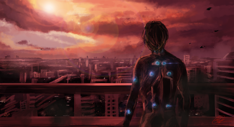 science fiction, Gantz, anime, red, sky, cityscape, Sun