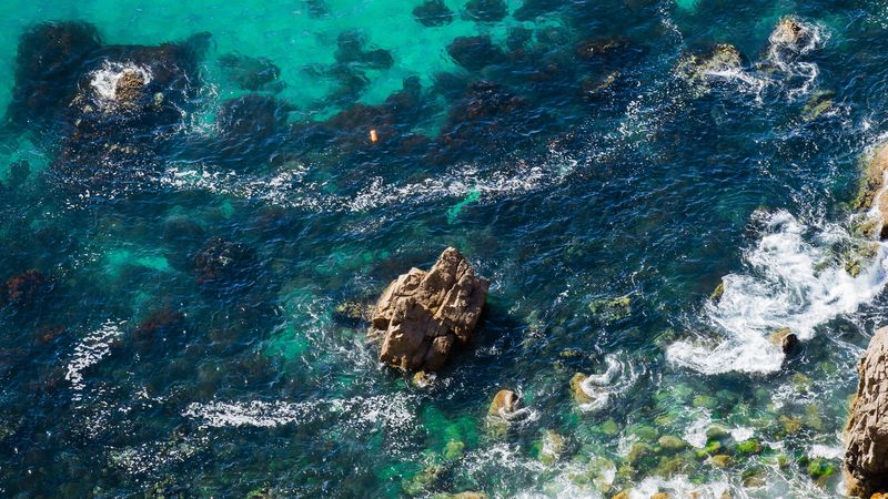 sea, coast, aerial view, water, stones, 4k